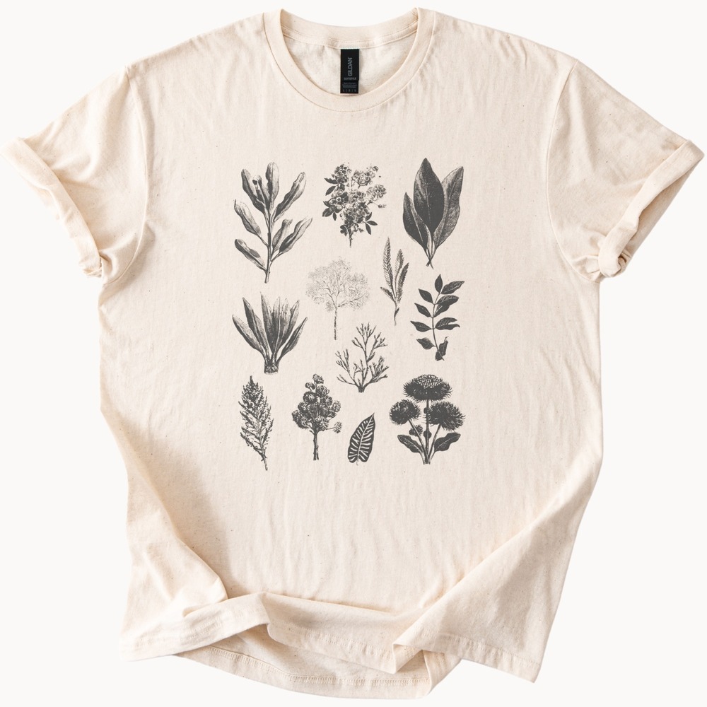 Botanical Illustration Graphic Tee Vintage Plant Engraving Natural